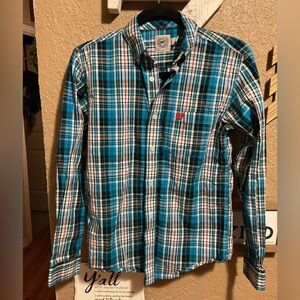 Cinch Boys Blue Plaid Western Long Sleeve Button Front Shirt Size Large 12